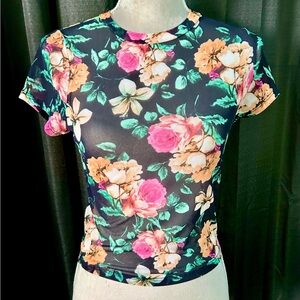 Ijoah Black Semi-Sheer Mesh Pink, Orange Floral Fitted Top, Size S